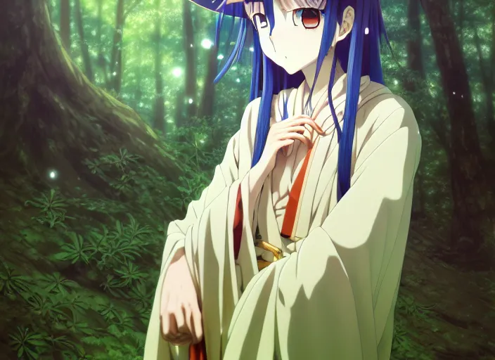 Image similar to anime portrait of the priestess in the forest, Karolis Strautniekas,omoide emanon, tsuruta kenji, murata range,kawaii, kyoto animation, manga,katsura masakazu, intricate, detailed, studio lighting, gradation,editorial illustration, matte print, Ilya Kuvshinov