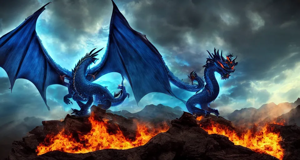 Prompt: a blue dragon standing on top of a mountain breathing fire, epic lighting, epic view, cinematic
