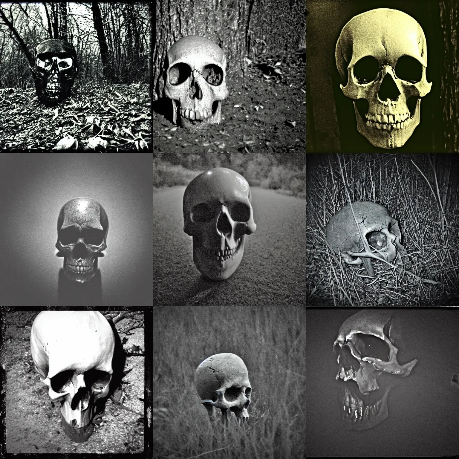 Prompt: skull, night vision, noisy, grainy, low quality, trail cam