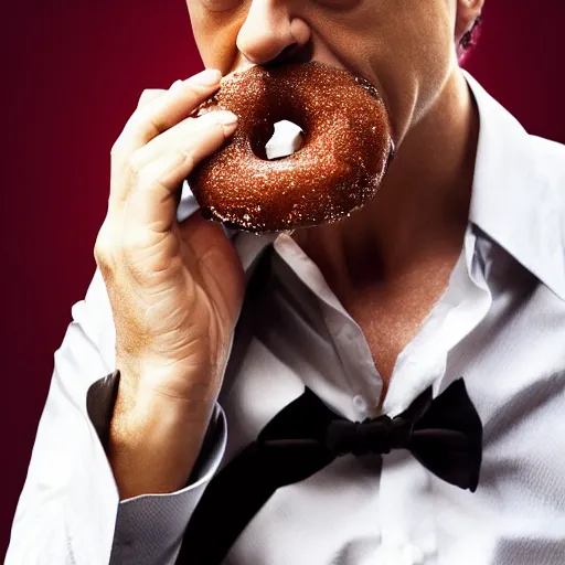 Image similar to Robert Downy Jr. eating a donut, 4k