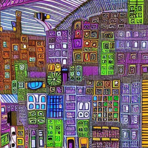 Prompt: a futuristic city, drawn in the style of Hundertwasser