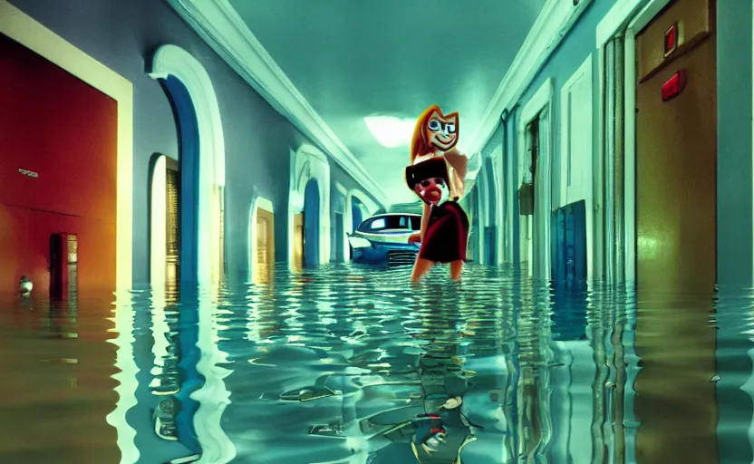 Prompt: sally from cars in a flooded fractal hallway, romance novel cover, in 1 9 9 5, y 2 k cybercore cutecore, low - light photography, still from a ridley scott movie