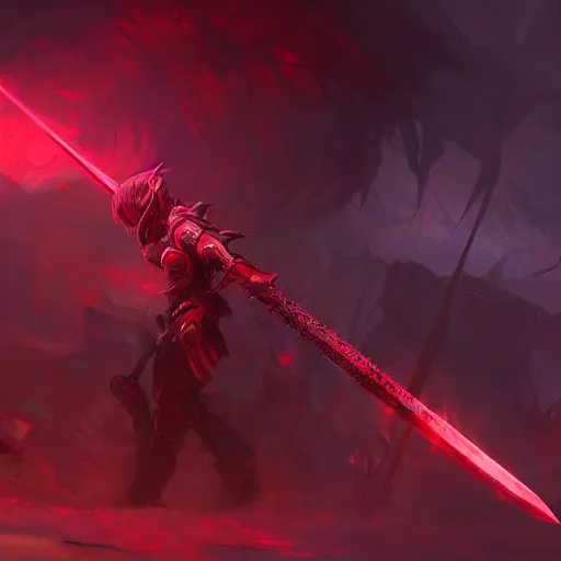 Image similar to a ruby sword concept art giving off red glow haze, epic shot, 4k detailed, artstation, illustration,