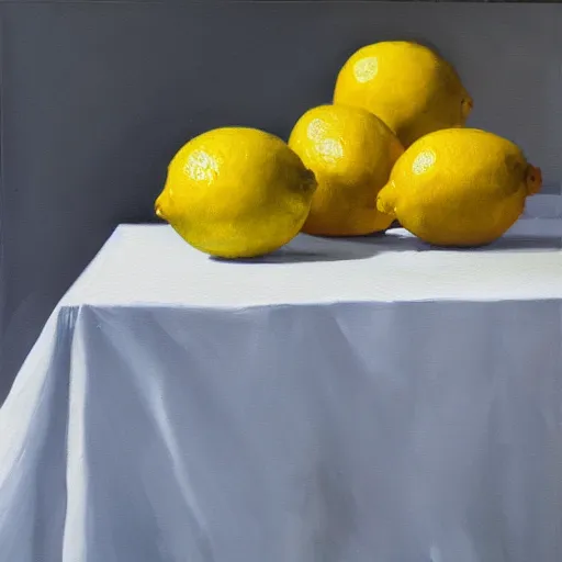 Image similar to lemons dramatic lighting on white tablecloth, oil painting, pale colors, high detail, 8 k, wide angle, trending on artstation,