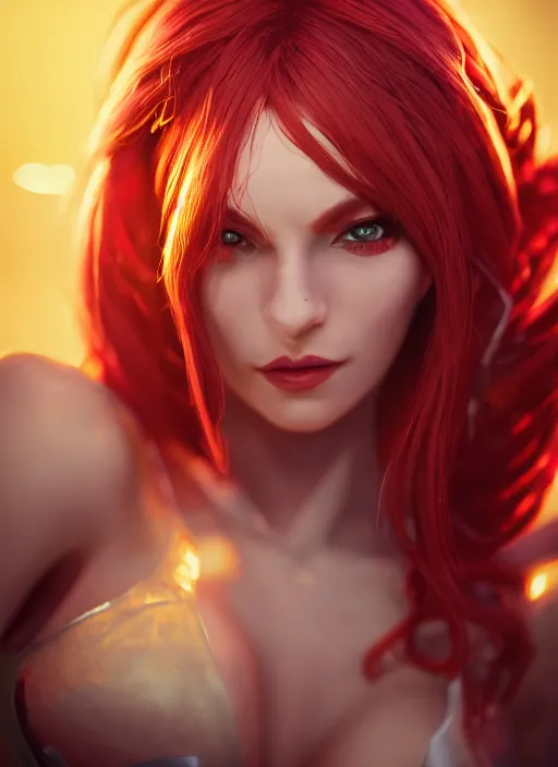 Image similar to katarina, from league of legends, au naturel, hyper detailed, digital art, trending in artstation, cinematic lighting, redhead, studio quality, smooth render, fluorescent skin, unreal engine 5 rendered, octane rendered, art style by klimt and nixeu and ian sprigger and wlop and krenz cushart