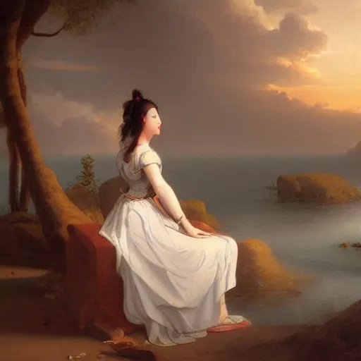 Image similar to a painting of a woman in a white dress pondering life as she watches the sun set, nature, a painting by claude joseph vernet, deviantart, fantasy art, sunrays shine upon it, deviantart, mystical