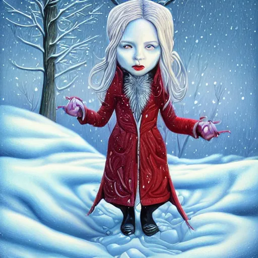 Prompt: Snow Vampire By Casey Weldon and Martine Johana, rich colors, intricate, elegant, highly detailed, centered, digital painting, artstation, concept art, smooth, sharp focus, HDR, illustration