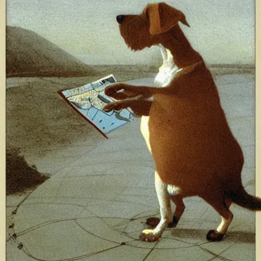 Prompt: Jack Russel using navigation map, llustration by Michael Sowa, highly detailed