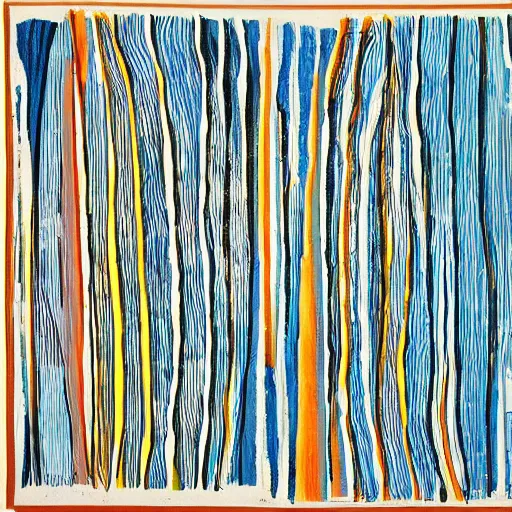 Image similar to a river scene. The river is represented by a line winding through the center of the mixed mediart. The banks of the river are represented by two lines, one on each side. instruction manual by Emily Kame Kngwarreye calm, aesthetic