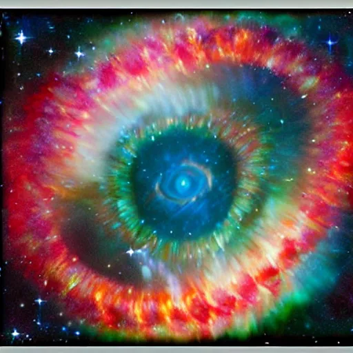 Image similar to Kinetic sculpture. NGC7293 Helix Nebula in intrared by VISTA telescope, Chile. Flickr, stencil by Joe Jusko rich, bold