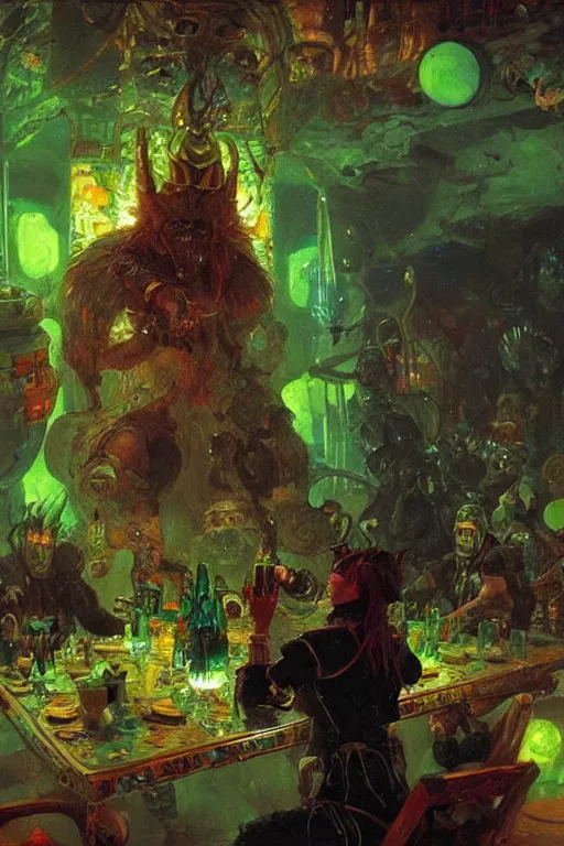 Image similar to a space viking drinking green neon liquid in an alien tavern. art by ilya repin.