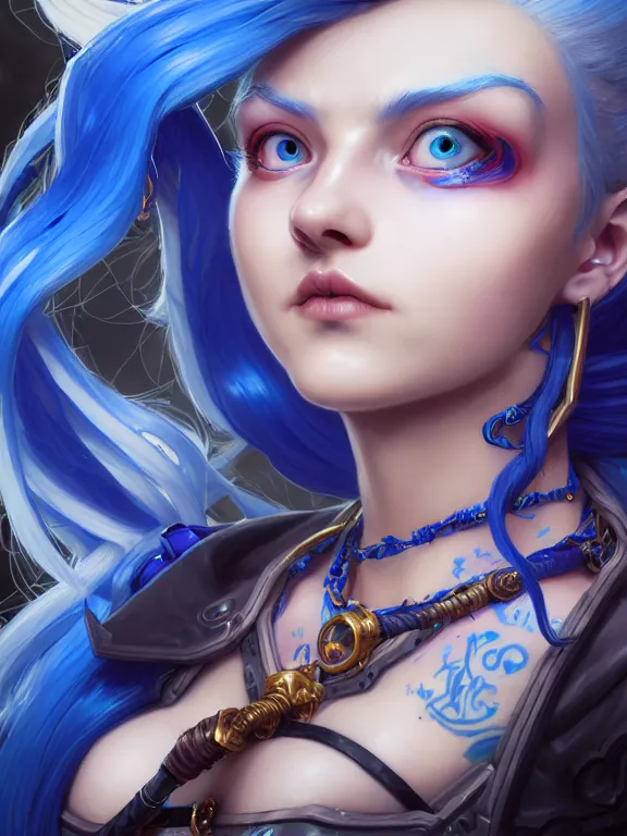 Image similar to a League of Legends FAN ART Portrait of JINX The Loose Cannon, blue hair, long pigtail, intricate, elegant, highly detailed, digital painting, concept art, smooth, sharp focus, illustration, by Laurie Greasley,Lawrence Alma-Tadema,Dan Mumford,artstation,deviantart,Unreal Engine,face enhance,8K,golden ratio,cinematic lighting