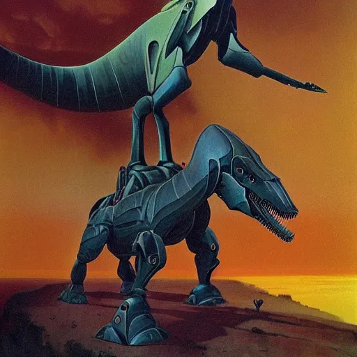 Image similar to Magnificent mecha-dinosaur hybrid by Roger Dean, by Dean Ellis, surrealism, horse, dinosaur