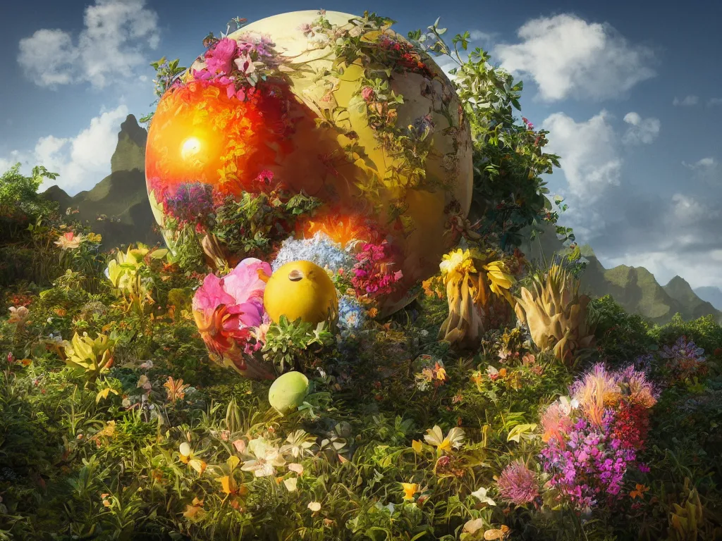 Image similar to sunlight study, the universe is a spheroid region 7 0 5 meters in diameter of kauai wildflower undergrowth, art nouveau, by jan davidz de heem and ( ( ( ( ( lisa frank ) ) ) ) ), 8 k, sharp focus, octane render