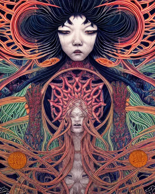 Image similar to human spirit breaking away from the body, conjuring psychedelic background, part by takato yamamoto, part by alex gray, ross tran, james jean, ultra realistic, highly detailed, 8 k, trending on artstation, cosmic, symmetry, masterpiece