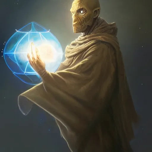 Image similar to male nomad wearing a cloak on an alien world and holding a holographic planet projection in his hand, covered face, detailed, sci - fi, digital painting, artstation, sharp focus, illustration, artgerm, tomasz alen kopera, peter mohrbacher, donato giancola, joseph christian leyendecker, wlop, frank frazetta