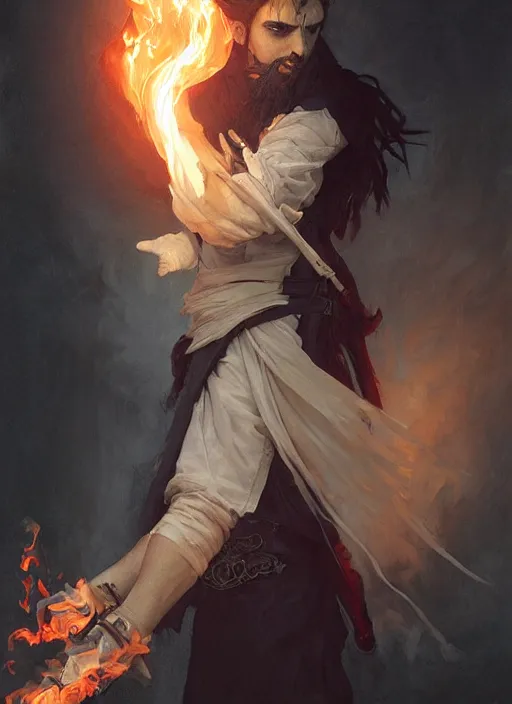 Image similar to character concept portrait of an attractive young angry Spanish wizard with pale black skin and a parital skull mask enchanting a flaming seduction spell, a floating burning spell book in the center, intricate, elegant, digital painting, concept art, smooth, sharp focus, illustration, from Metal Gear, by Ruan Jia and Mandy Jurgens and William-Adolphe Bouguereau, Artgerm