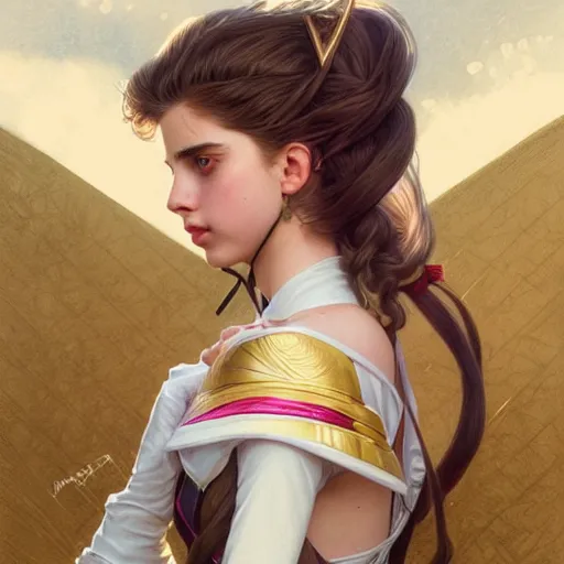 Image similar to Blonde Margaret Qualley as Sailor Moon, western, D&D, fantasy, intricate, elegant, highly detailed, digital painting, artstation, concept art, matte, sharp focus, illustration, art by Artgerm and Greg Rutkowski and Alphonse Mucha