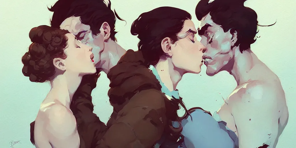 Image similar to portrait of dorian kissing elena by atey ghailan, by greg rutkowski, by greg tocchini, by james gilleard, by joe fenton, by kaethe butcher, dynamic lighting, gradient light blue, brown, blonde cream and white color scheme, grunge aesthetic