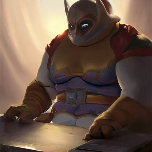 Image similar to a insanely detailed painting of a fat masked superhero wearing a costume sitting at a desk, staring at the nervously at the computer and clicking on the mouse, in the style of peter mohrbacher, dramatic lighting and composition, trending on artstation, concept art, comic book