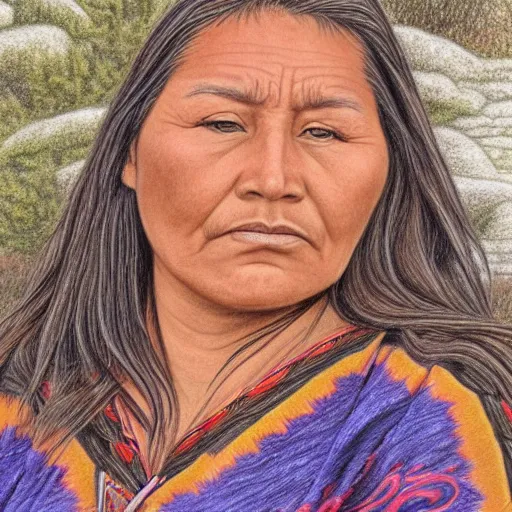 Prompt: a beautiful first nation woman, ultra detailed colored pencil drawing in style bellerose and desjarlais,
