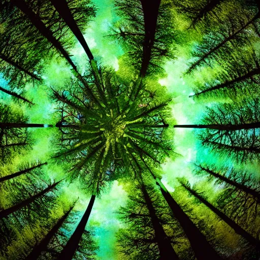 Prompt: looking up at the tops of trees in a forest, an ultrafine detailed painting by jon coffelt and benoit b. mandelbrot, shutterstock contest winner, generative art, multiple exposure, fisheye lens, high dynamic range