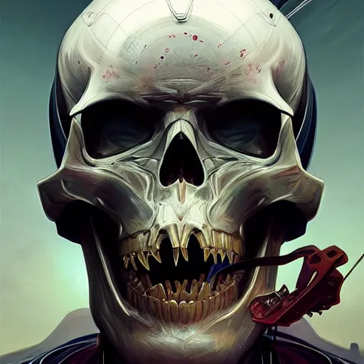 Image similar to perfectly - centered - portrait - photograph of sinister robot skull, super highly detailed, professional digital painting, artstation, concept art, smooth, sharp focus, no blur, no dof, extreme illustration, unreal engine 5, 8 k, art by artgerm and greg rutkowski and alphonse mucha loish and wlop