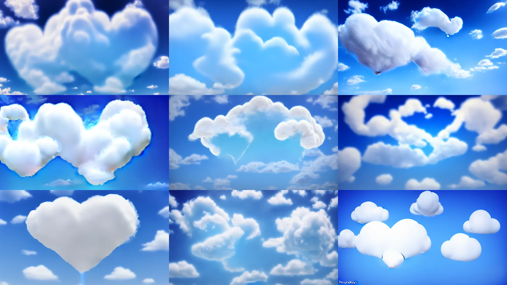 Image similar to huge cream fluffy soft cloud heart on blue clear sky, detailed, hyper realism, photo, realistic, soft volume absorbation, volume light, view up, diffused lights, ultra realism, cinematic, film