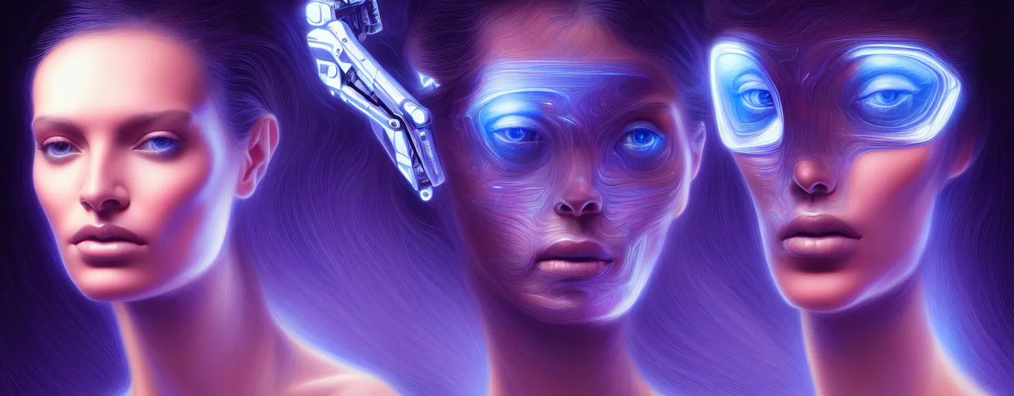 Image similar to beauty young woman with detailed faces in tesseracts of alien artifacts, mechanical holographic case display, 80s Total Recall tech, ultrarealistic, dramatic lighting, electrical details, high details, 4k, 8k, best, accurate, trending on artstation, artstation, photorealism, , digital painting, style of Wayne barlowe and Boris Vallejo and Peter Mohrbacher