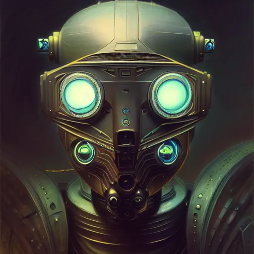 Image similar to low angle shot of a cyberpunk gazmask robot character, intricate, elegant, highly detailed, centered, digital painting, artstation, concept art, smooth, sharp focus, illustration, artgerm, Tomasz Alen Kopera, Peter Mohrbacher, donato giancola, Joseph Christian Leyendecker, WLOP, Boris Vallejo