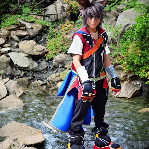 Image similar to kingdom hearts sora cosplay near waterfall low angle 85mm