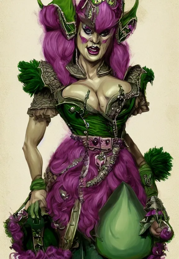 Prompt: d&d character artwork of an orc drag queen who is wearing a very girly prissy frilly rococo ballgown outfit and a huge rococo updo pouf wig, orc with green skin, drag, girly, fabulous, D&D, fantasy artwork, highly detailed, digital painting, artstation, smooth, sharp focus, illustration, art by artgerm and greg rutkowski and alphonse mucha