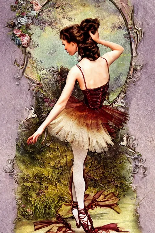 Prompt: beautiful digital oil vintage greeting card steampunk style ballerina key in back by Arthur Hughes