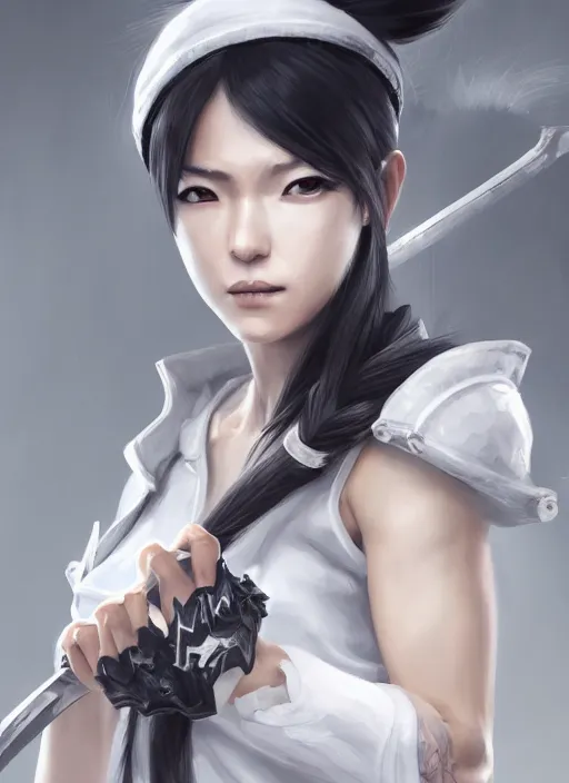 Image similar to a highly detailed illustration of fierce messy ponytail black haired one armed delinquent japanese woman wearing white cap wearing long white jacket, dramatic wielding sword pose, muscular, intricate, elegant, highly detailed, centered, digital painting, artstation, concept art, smooth, sharp focus, league of legends concept art, wlop.