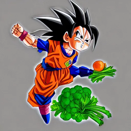 Prompt: goku and vegetables, fused, Trending on Artstation, Hiroaki Tsutsumi style