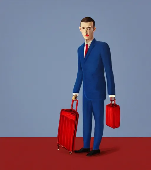 Prompt: skinny pale man with short hair combed backwards, wearing a blue suit and a red tie, holding a suitcase in one hand. dark background, rim lighting. symmetric, realistic painting