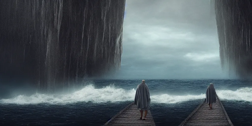 Prompt: a path through the sea, path, walkway, a raising wall of water either side, biblical, exodus 1 4 : 2 1 & 2 2, moses, by stephen king, cinematic, hyperrealistic, evil, dark, cgsociety, 8 k