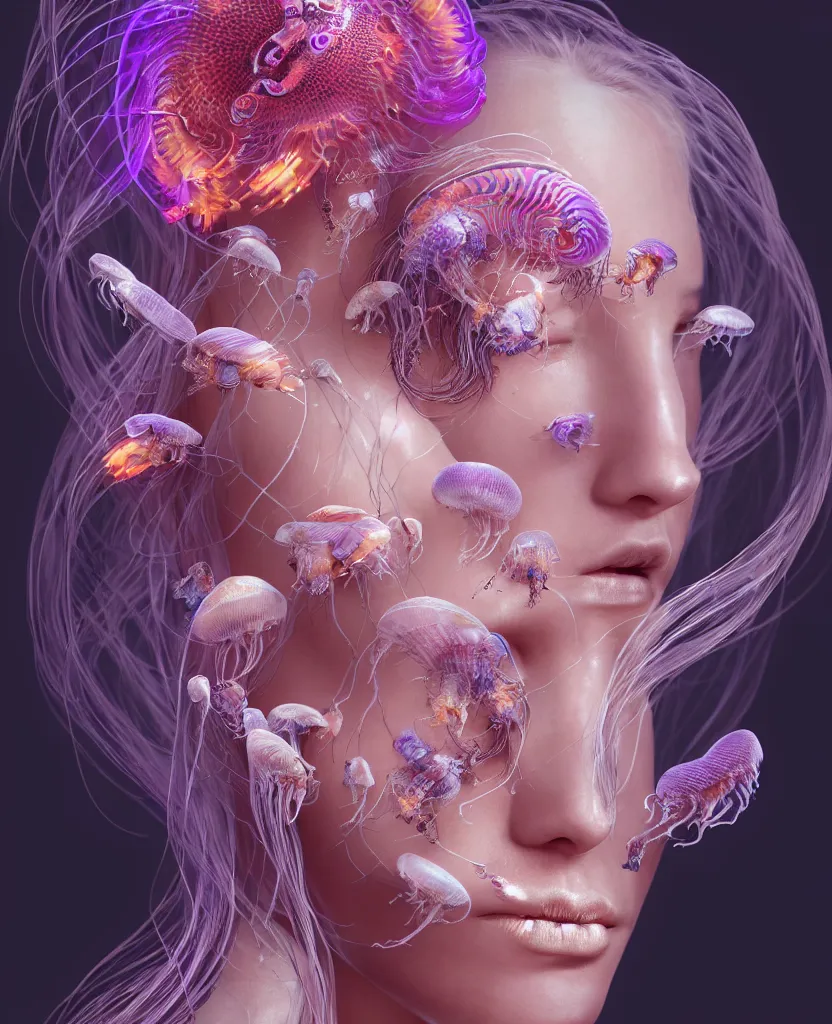 Image similar to goddess princess beautiful woman face close-up portrait ram skull. jellyfish phoenix head, nautilus, orchid, skull, betta fish, bioluminiscent creatures, intricate artwork by Tooth Wu and wlop and beeple. octane render, trending on artstation, greg rutkowski very coherent symmetrical artwork. cinematic, hyper realism, high detail, octane render, 8k