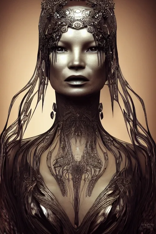 Prompt: a realistic dark photo of a beautiful ancient alien woman goddess kate moss in iris van herpen dress jewelery and fractals in style of alphonse mucha art nuvo dmt trending on artstation made in unreal engine 4