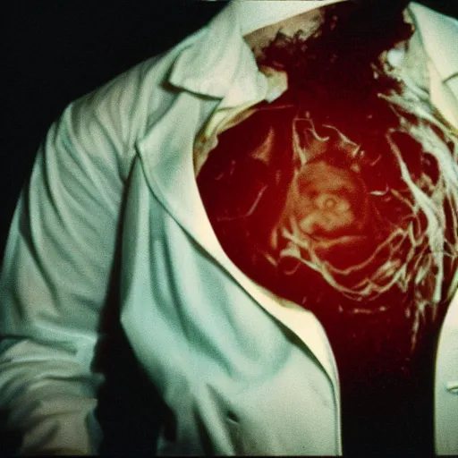 Image similar to filmic extreme wide shot dutch angle movie still 35mm film color photograph of a doctor with a huge gaping hole in his stomach sliced open, in the style of a horror film
