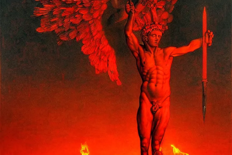 Image similar to only with red, a red melted apollo with a laurel wreath and a flaming sword announce the win, athens in the background, in the style of beksinski, part by hopper, part by rodcenko, part by hofbauer, intricate composition, red by caravaggio, insanely quality, highly detailed, masterpiece, red light, artstation