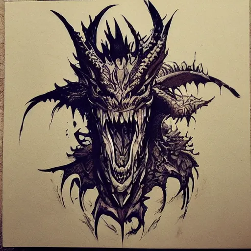 Prompt: portrait daebak face head eyes tie-die dragon bahamut stencil tombow inkstain chris cold jean paul laurens greg rutkowski maximilian pirner