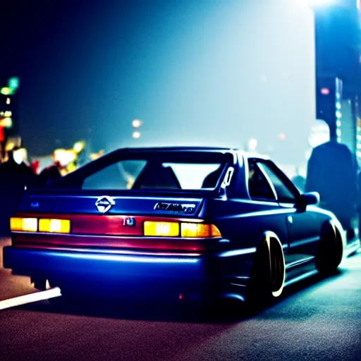 Image similar to a car Nissan Silvia at illegal car meet, Shibuya prefecture, city midnight mist, cinematic color, photorealistic, highly detailed