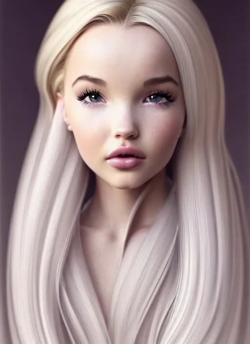 Image similar to a gorgeous female photo of a mix of dove cameron and madison beer, professionally retouched, soft lighting, wearing a feather dress, realistic, smooth face, perfect eyes, wide angle, sharp focus on eyes, full body centerfold, 8 k high definition, insanely detailed, intricate, elegant, art by artgerm and wlop