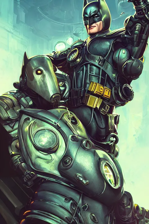 Prompt: batman hardmesh retro futurist steampunk fallout 7 6 power armor, hyper realistic, art cover, official fanart behance hd artstation by jesper ejsing, by rhads, makoto shinkai, final fantasy, unreal engine highly rendered, global illumination, radiant light, intricate environment radiating a glowing aura global illumination ray tracing hdr