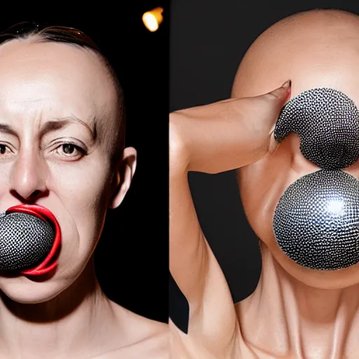 Image similar to woman who can detach her lower jaw stretched open her maw to swallow a disco ball iris van herpen