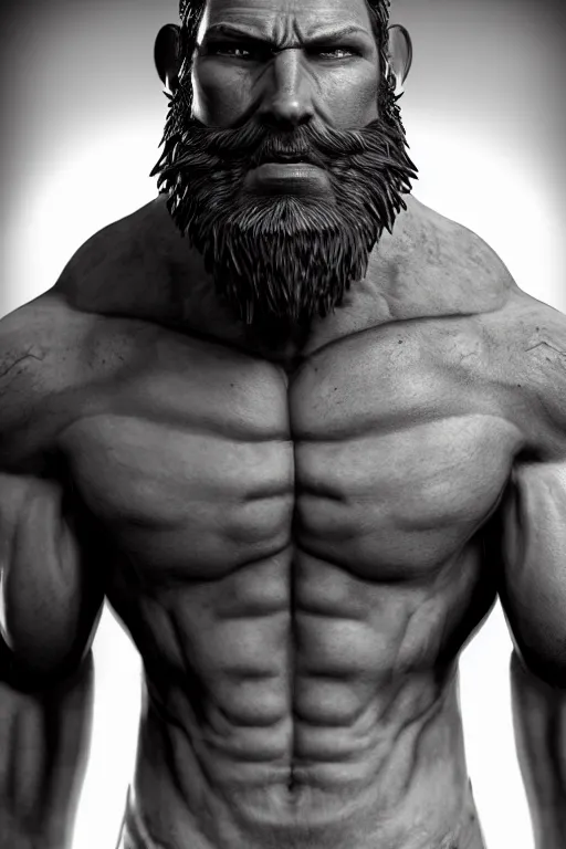 Image similar to a single muscular man wearing torn clothes, looking to the right, profile picture, hyperrealistic, concept art, octane render, unreal engine 5, trending on artstation, high quality, highly detailed, 8 k, dramatic lighting, cinematic, high coherence, anatomically correct, five fingers, digital art, seductive, black and white, big beard, epic