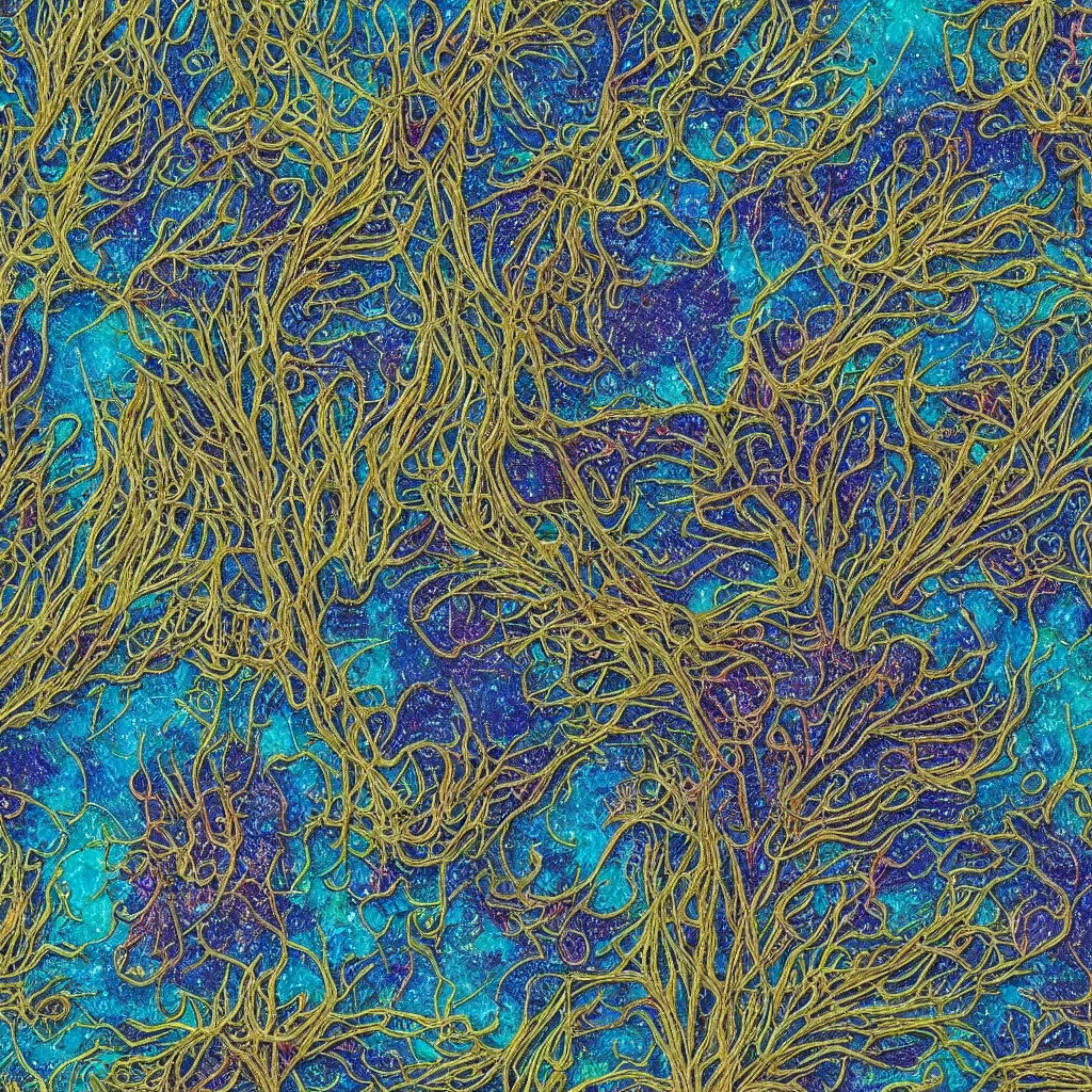 Prompt: beautiful and artistic mycelium on a fantastic planet and unusual inhabitants of the oceans, highly detailed, Pattern with optical illusion