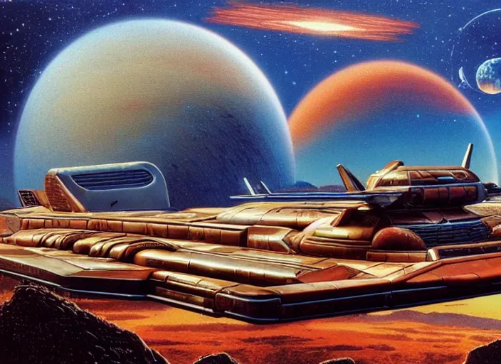 Prompt: a spaceship in a stunning landscape by angus mckie