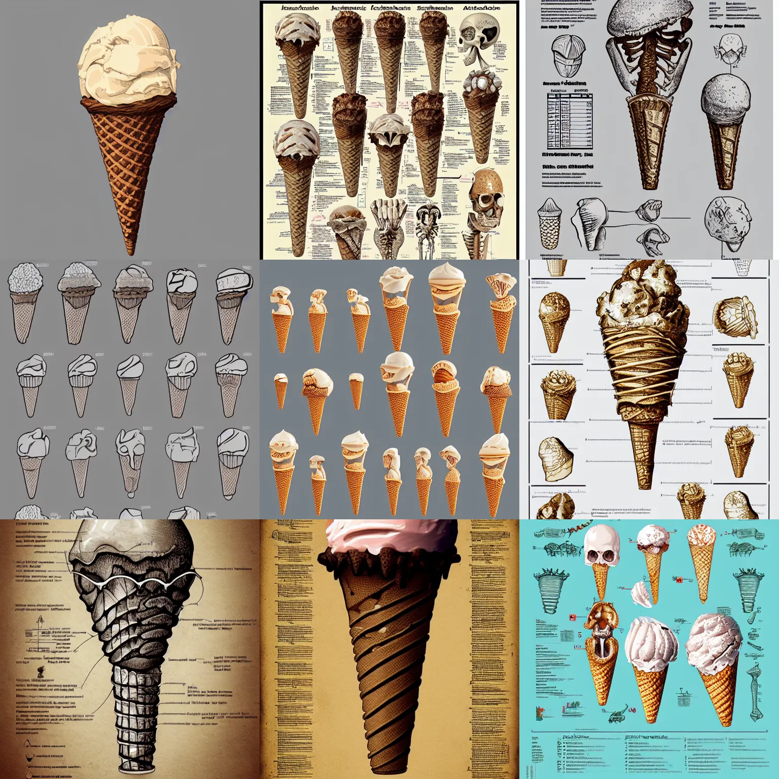 Prompt: the skeletal bone structure of an ice cream cone, anatomical chart, artstation